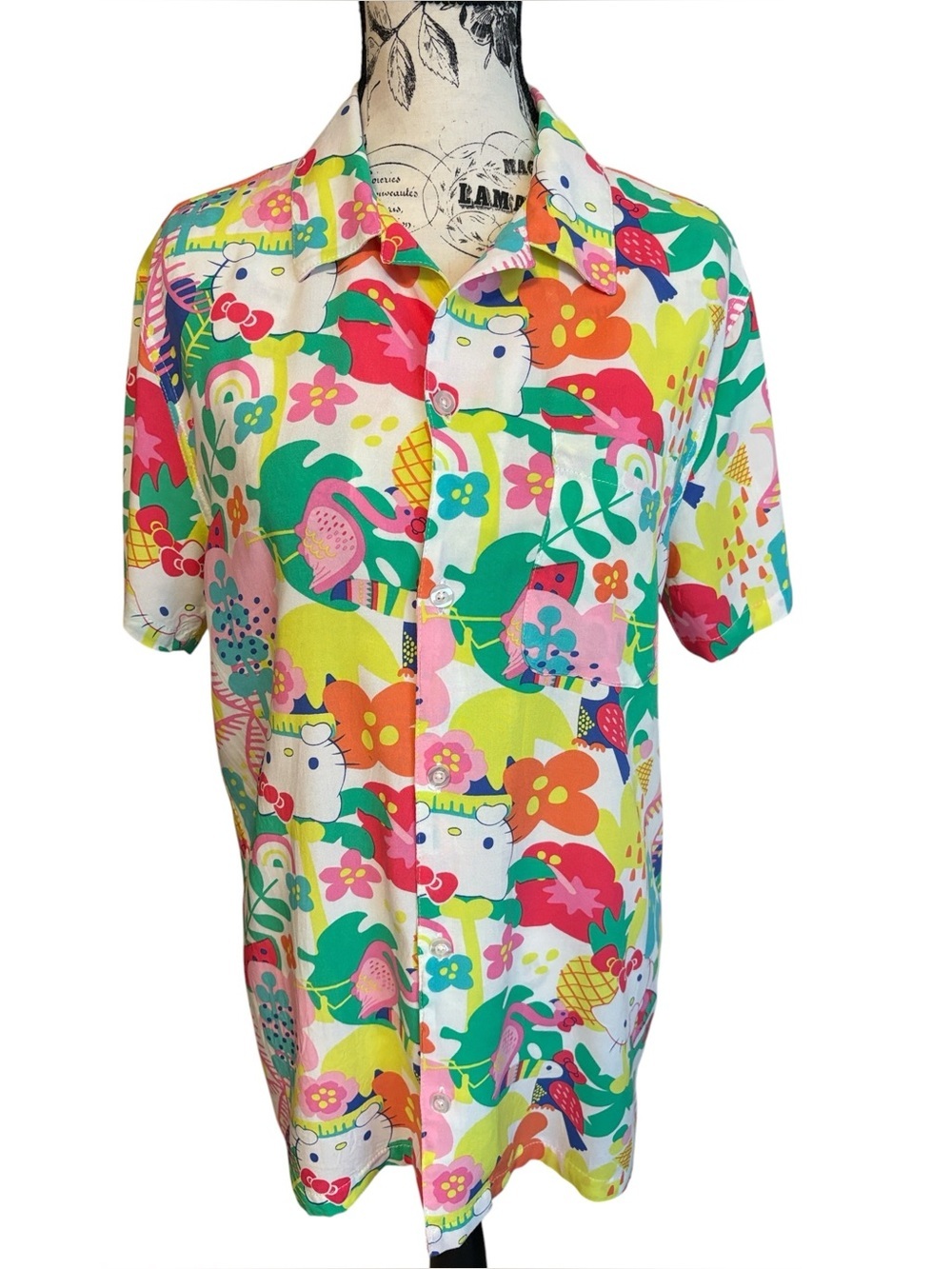Sanrio Hello Kitty Men’s Hawaiian Button Up Shirt Tropical White Multi Size S